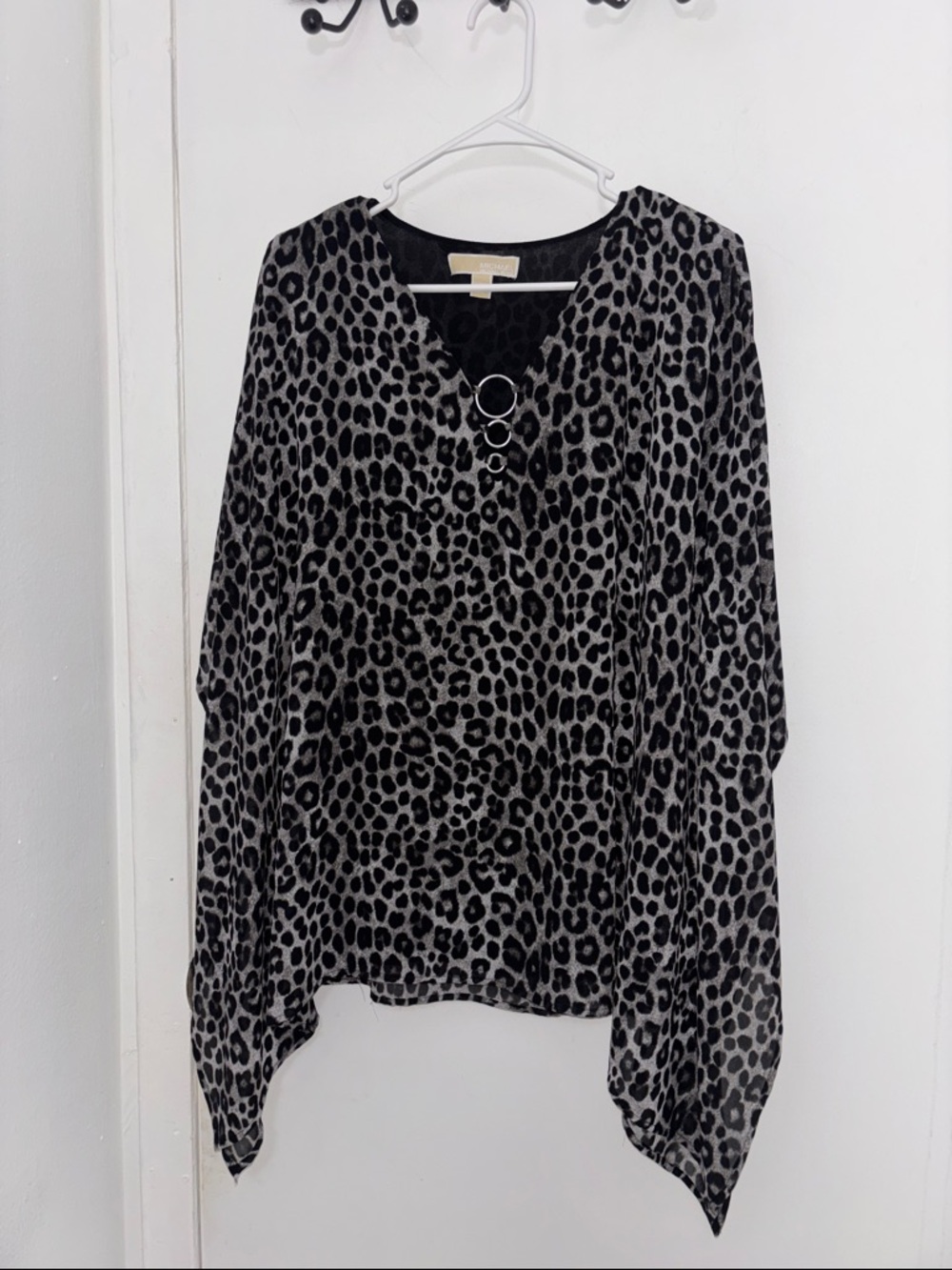 Michael Kors Black & Gray Leopard Print V-Neck Blouse with Ring Detail